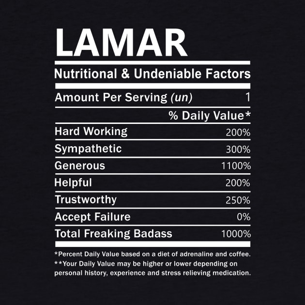 Lamar Name T Shirt - Lamar Nutritional and Undeniable Name Factors Gift Item Tee by nikitak4um